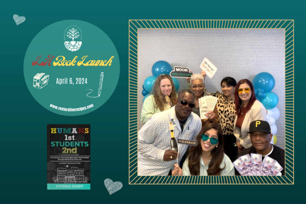 Group of people posing with props at a book launch event, dated april 6, 2024, with balloons and a promotional poster for the book "humans 1st students 2nd" by kyonna hardy.